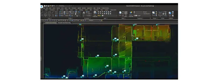 Precise 2D CAD floor plan drafted from FJD Trion 3D point cloud data in GstarCAD.