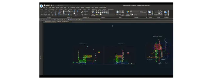 Exported CAD drawings showing cross-sections and detailed floor plans derived from FJD Trion scans.